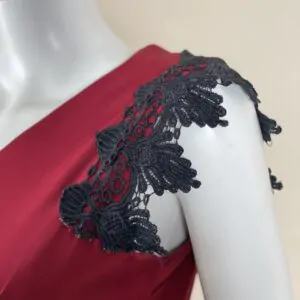 Red dress with black lace from the shoulder and bottom